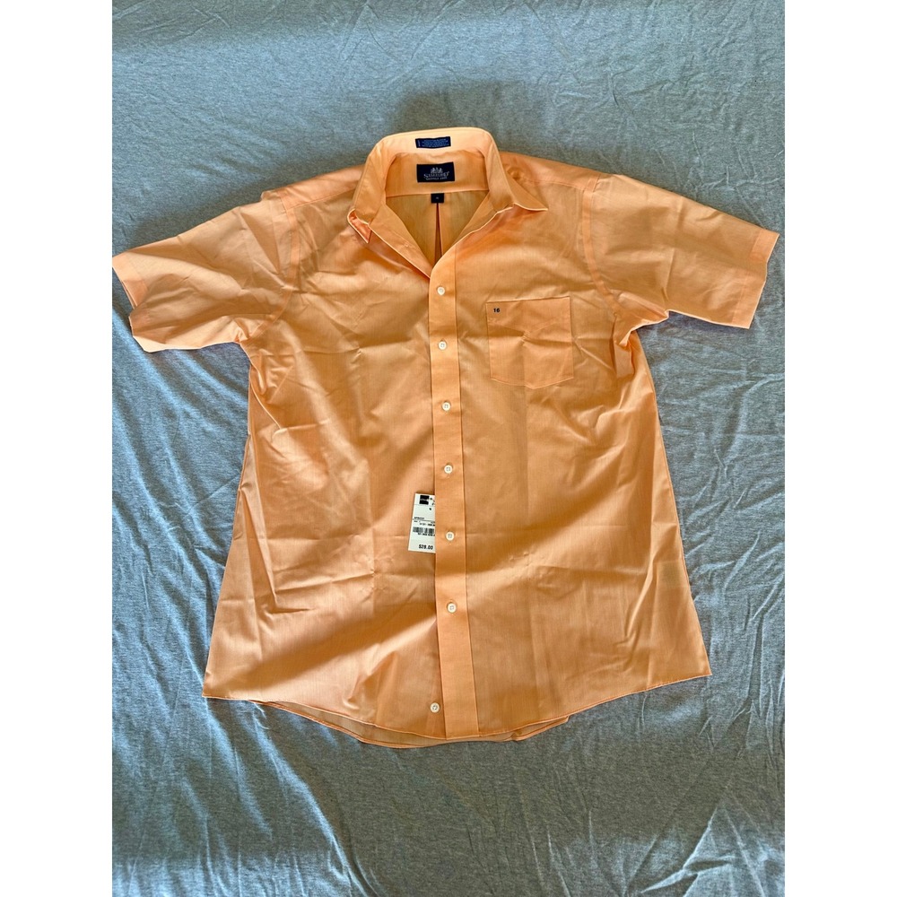 Stafford Mens Apricot Orange Wrinkle Free Short Sleeve Button Down Shirt 16